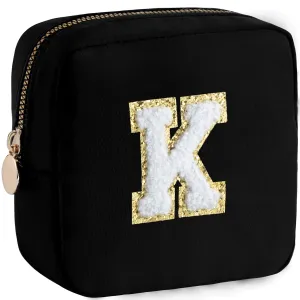 HBselect Small Makeup Bag Personalized Initial Letter Mini Makeup Bags Nylon Chenille Letter Patch Cosmetic Bag Cute Waterproof Pouch Travel Toiletry Bag Preppy Coin Purse Gift for Women Teen Girls