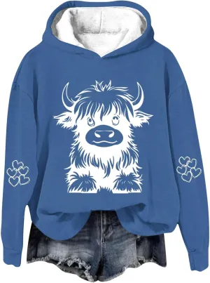 Highland Cow Hoodies for Women Cute Funny Graphic Sweatshirt Cowgirl Long Sleeve Plus Size Oversized Pullover Tops