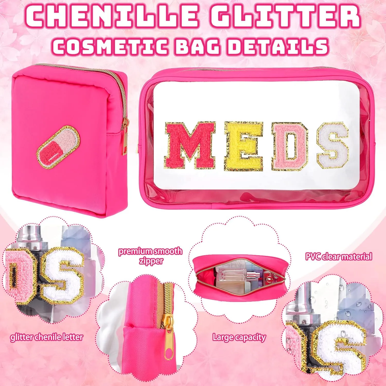 Hillban 2 Pcs Medicine Bag Gifts Chenille Letter Bag Preppy Clear Makeup Meds Nylon Pouch Set PVC Transparent Mini First Aid Christmas Gift for Travel(Lovely)