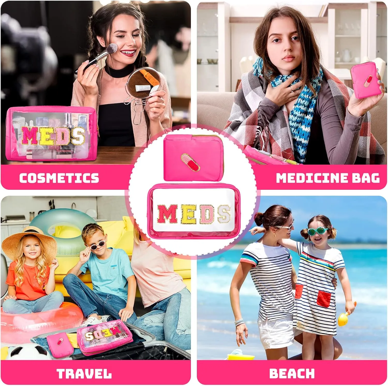 Hillban 2 Pcs Medicine Bag Gifts Chenille Letter Bag Preppy Clear Makeup Meds Nylon Pouch Set PVC Transparent Mini First Aid Christmas Gift for Travel(Lovely)