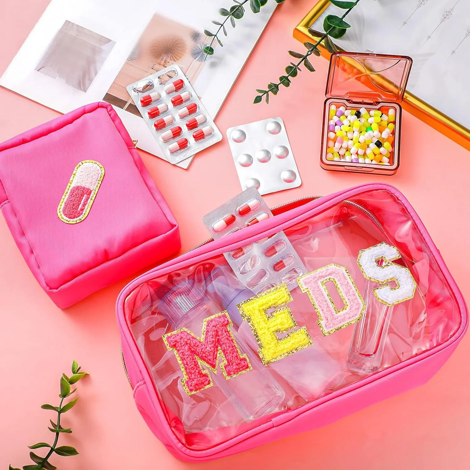 Hillban 2 Pcs Medicine Bag Gifts Chenille Letter Bag Preppy Clear Makeup Meds Nylon Pouch Set PVC Transparent Mini First Aid Christmas Gift for Travel(Lovely)