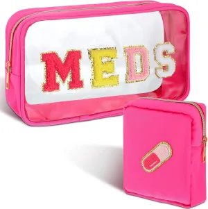 Hillban 2 Pcs Medicine Bag Gifts Chenille Letter Bag Preppy Clear Makeup Meds Nylon Pouch Set PVC Transparent Mini First Aid Christmas Gift for Travel(Lovely)