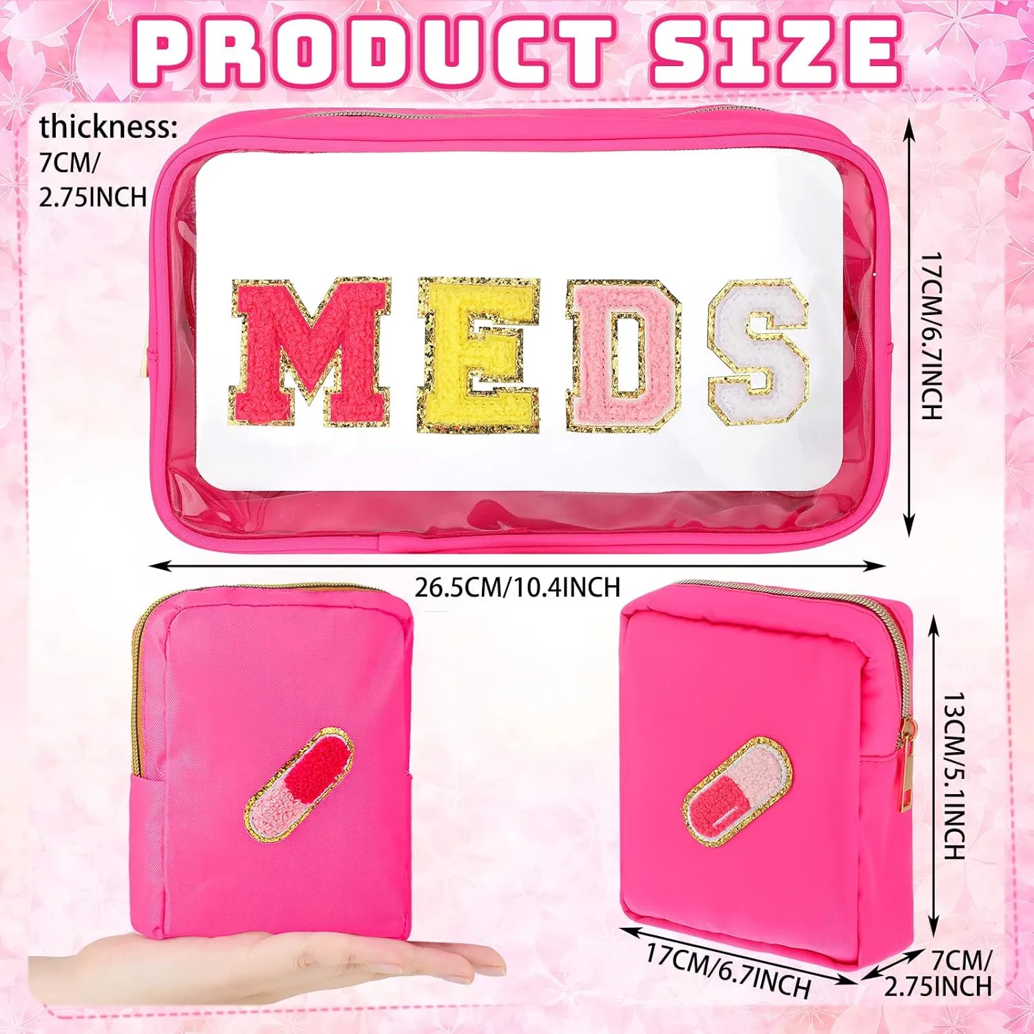 Hillban 2 Pcs Medicine Bag Gifts Chenille Letter Bag Preppy Clear Makeup Meds Nylon Pouch Set PVC Transparent Mini First Aid Christmas Gift for Travel(Lovely)