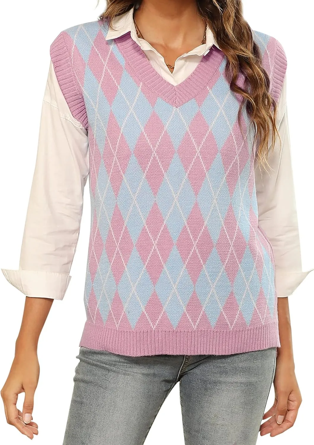 HOCOSIT Women's Knitted V-Neck Vest Argyle Plaid Preppy Style Sleeveless Pullover Crop Sweater Vest