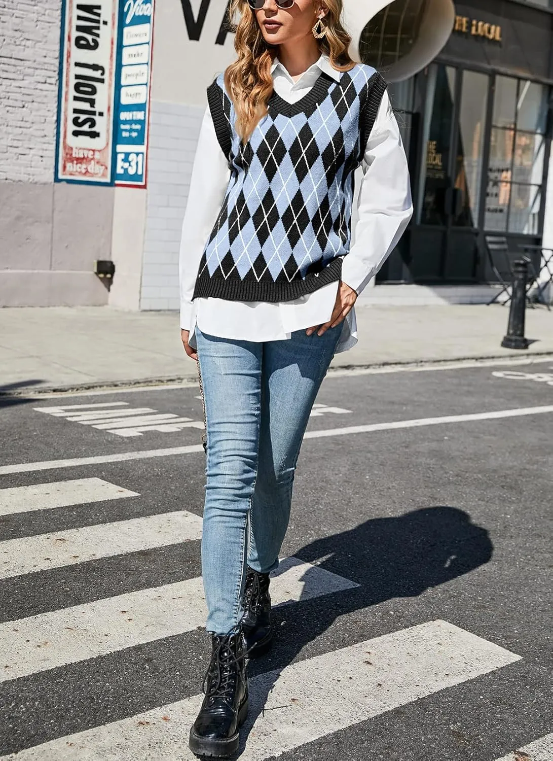 HOCOSIT Women's Knitted V-Neck Vest Argyle Plaid Preppy Style Sleeveless Pullover Crop Sweater Vest
