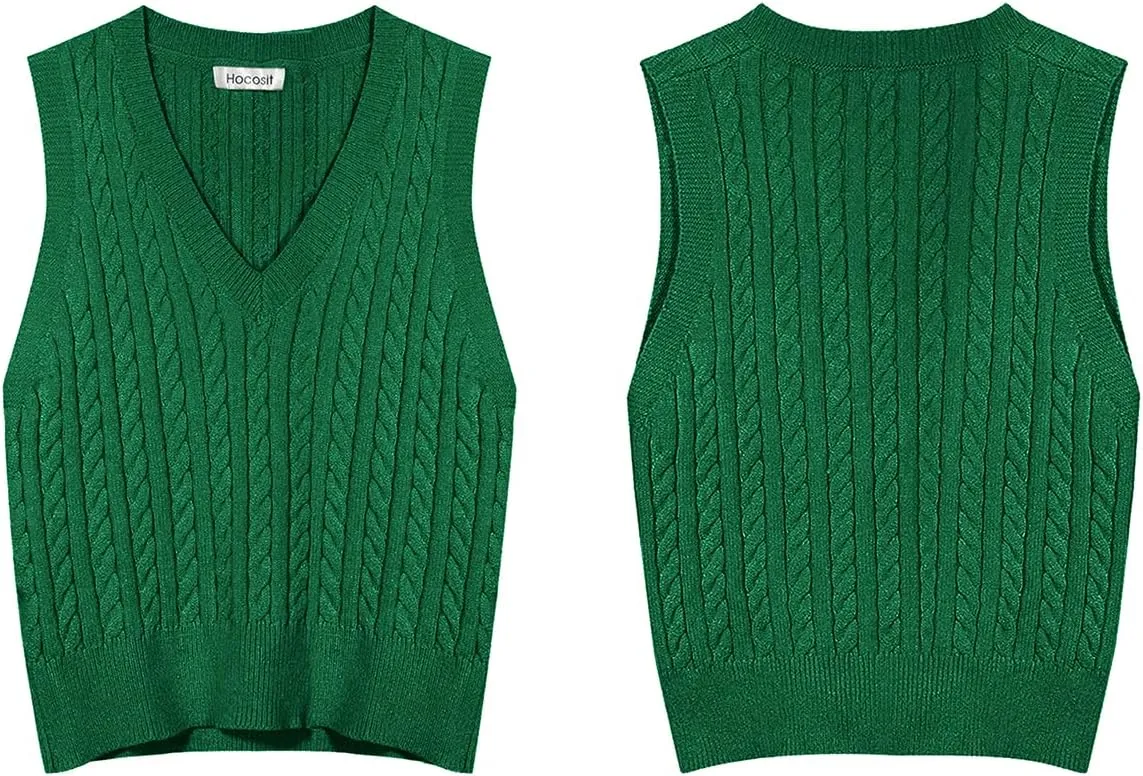 HOCOSIT Women's Knitted V-Neck Vest Argyle Plaid Preppy Style Sleeveless Pullover Crop Sweater Vest