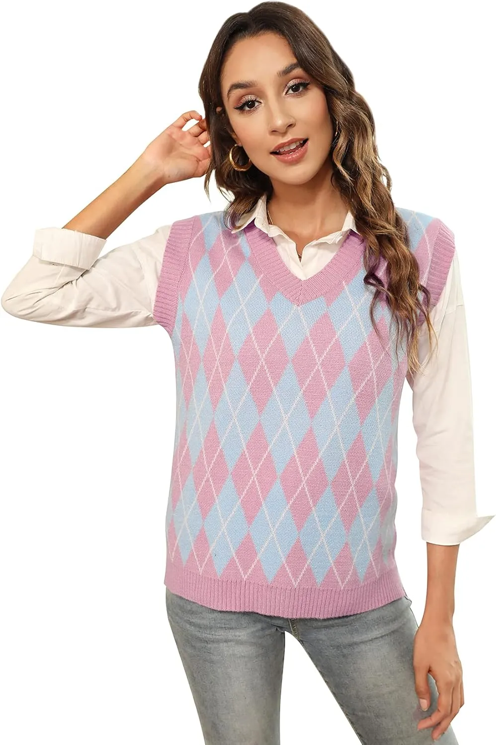 HOCOSIT Women's Knitted V-Neck Vest Argyle Plaid Preppy Style Sleeveless Pullover Crop Sweater Vest