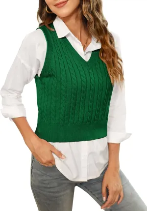 HOCOSIT Women's Knitted V-Neck Vest Argyle Plaid Preppy Style Sleeveless Pullover Crop Sweater Vest