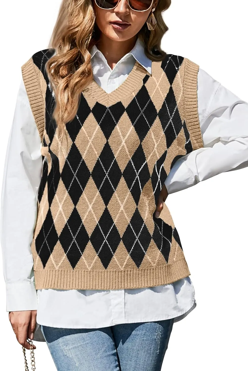HOCOSIT Women's Knitted V-Neck Vest Argyle Plaid Preppy Style Sleeveless Pullover Crop Sweater Vest