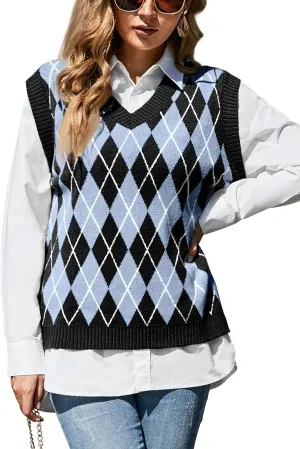 HOCOSIT Women's Knitted V-Neck Vest Argyle Plaid Preppy Style Sleeveless Pullover Crop Sweater Vest