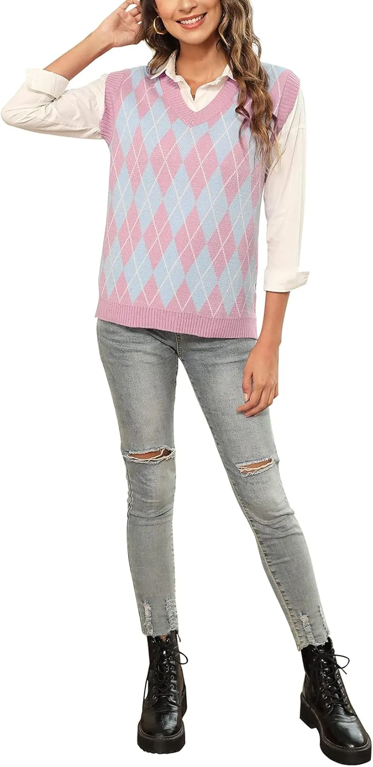 HOCOSIT Women's Knitted V-Neck Vest Argyle Plaid Preppy Style Sleeveless Pullover Crop Sweater Vest