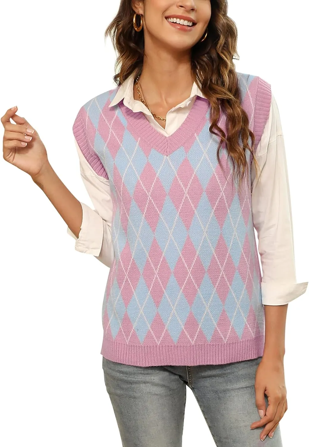 HOCOSIT Women's Knitted V-Neck Vest Argyle Plaid Preppy Style Sleeveless Pullover Crop Sweater Vest