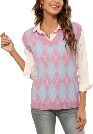 HOCOSIT Women's Knitted V-Neck Vest Argyle Plaid Preppy Style Sleeveless Pullover Crop Sweater Vest