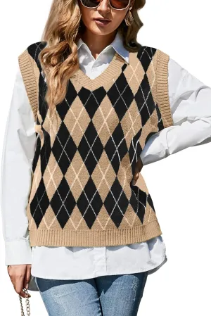 HOCOSIT Women's Knitted V-Neck Vest Argyle Plaid Preppy Style Sleeveless Pullover Crop Sweater Vest