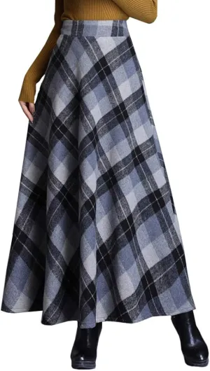 Hotmiss Women's Winter Warm Elastic Waist Wool Plaid A-Line Pleated Long Skirt