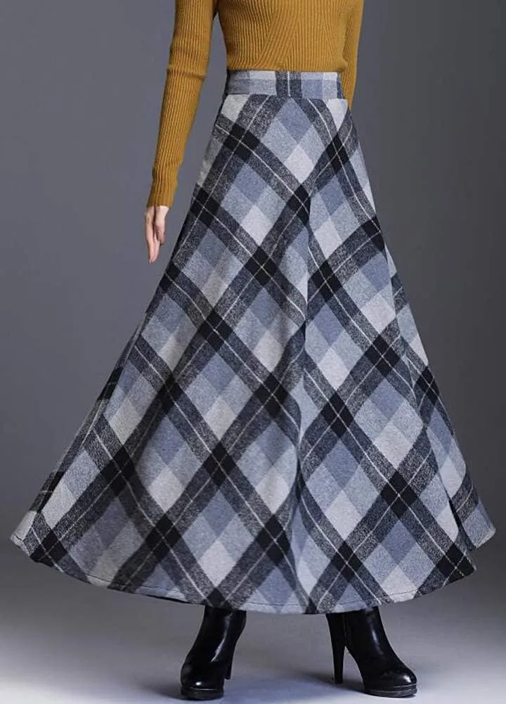Hotmiss Women's Winter Warm Elastic Waist Wool Plaid A-Line Pleated Long Skirt