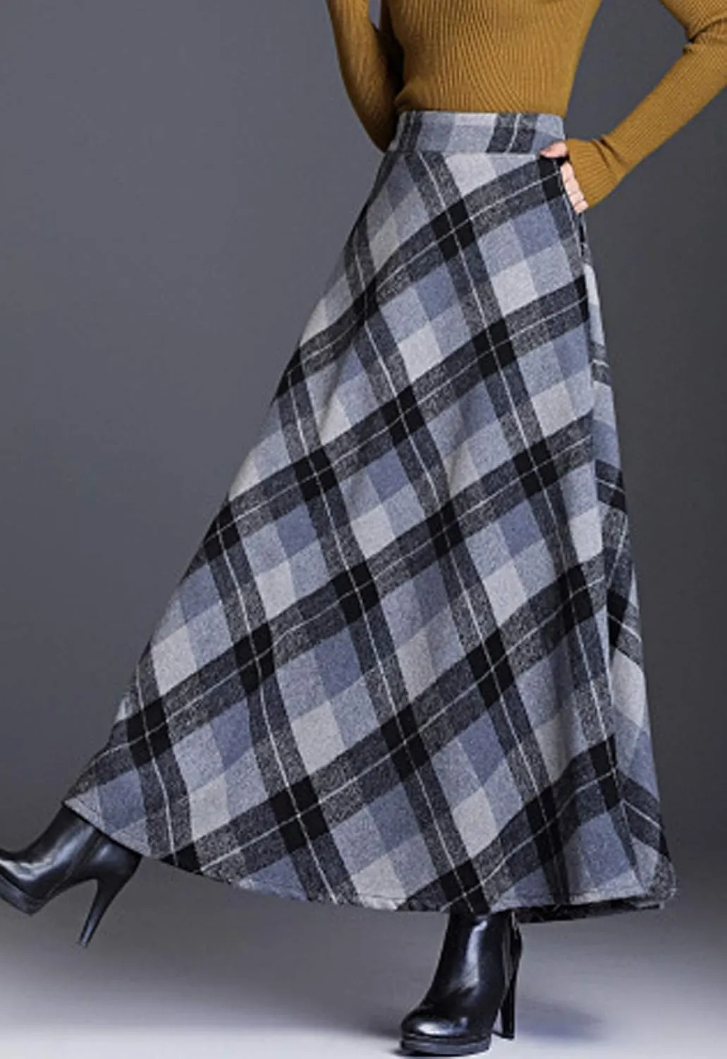 Hotmiss Women's Winter Warm Elastic Waist Wool Plaid A-Line Pleated Long Skirt