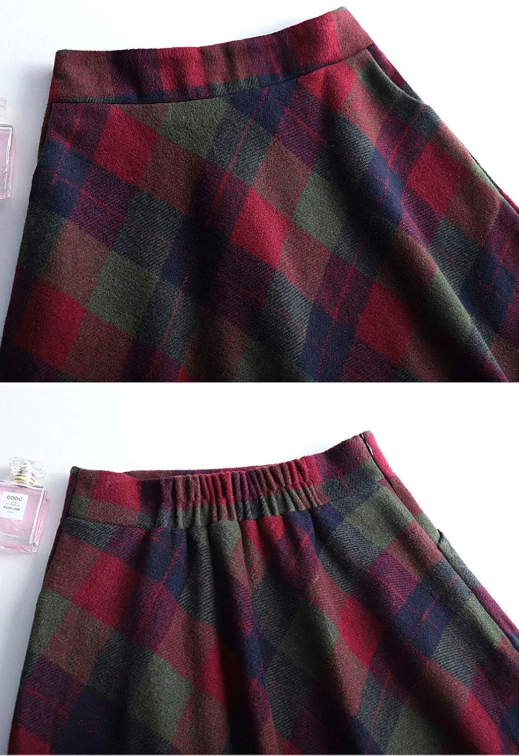 Hotmiss Women's Winter Warm Elastic Waist Wool Plaid A-Line Pleated Long Skirt