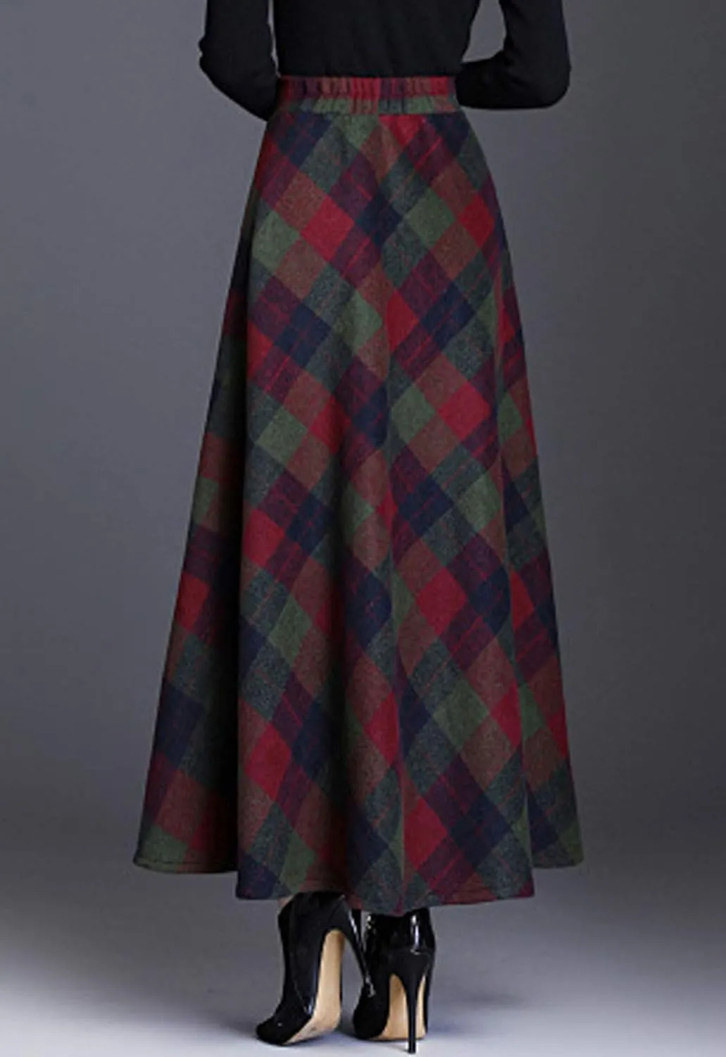 Hotmiss Women's Winter Warm Elastic Waist Wool Plaid A-Line Pleated Long Skirt