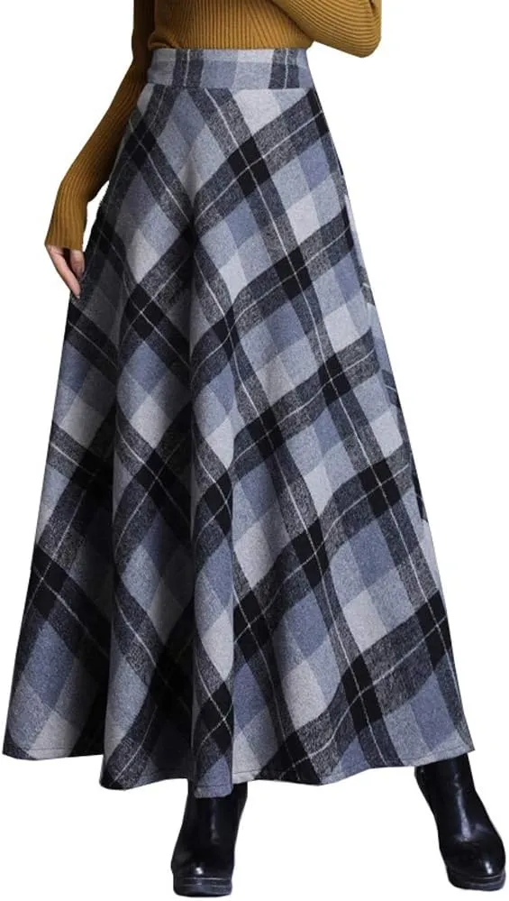 Hotmiss Women's Winter Warm Elastic Waist Wool Plaid A-Line Pleated Long Skirt