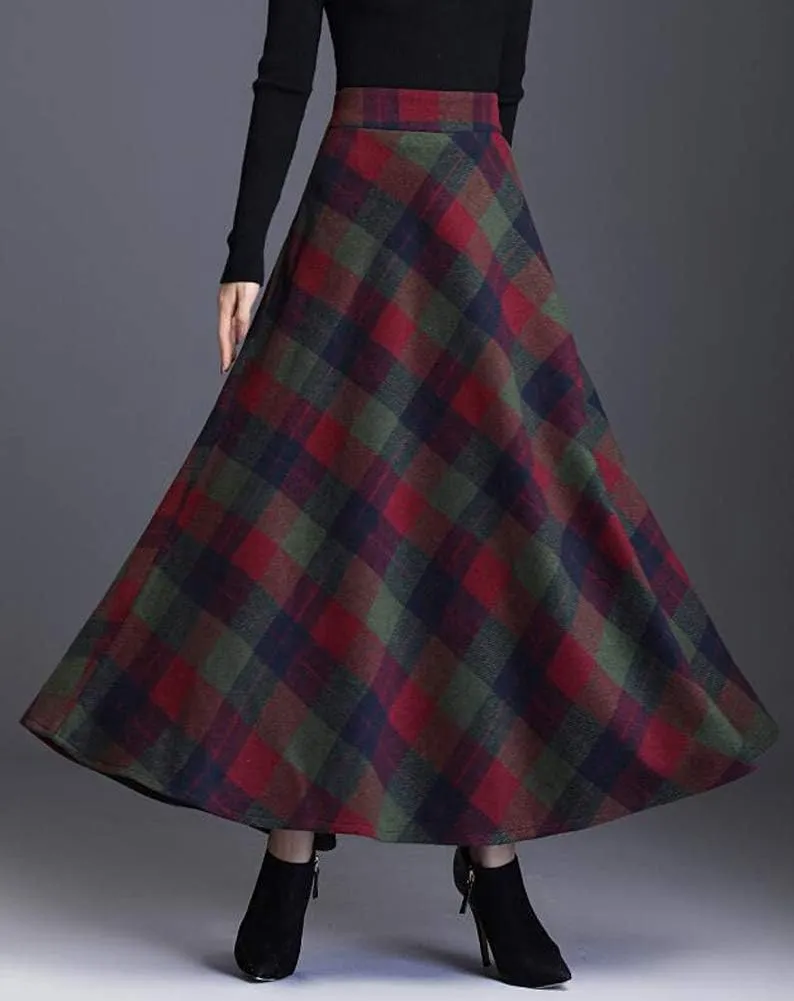 Hotmiss Women's Winter Warm Elastic Waist Wool Plaid A-Line Pleated Long Skirt