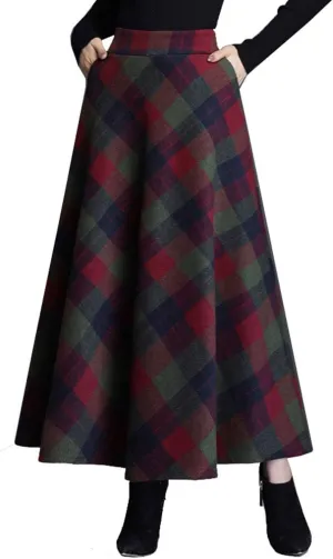 Hotmiss Women's Winter Warm Elastic Waist Wool Plaid A-Line Pleated Long Skirt