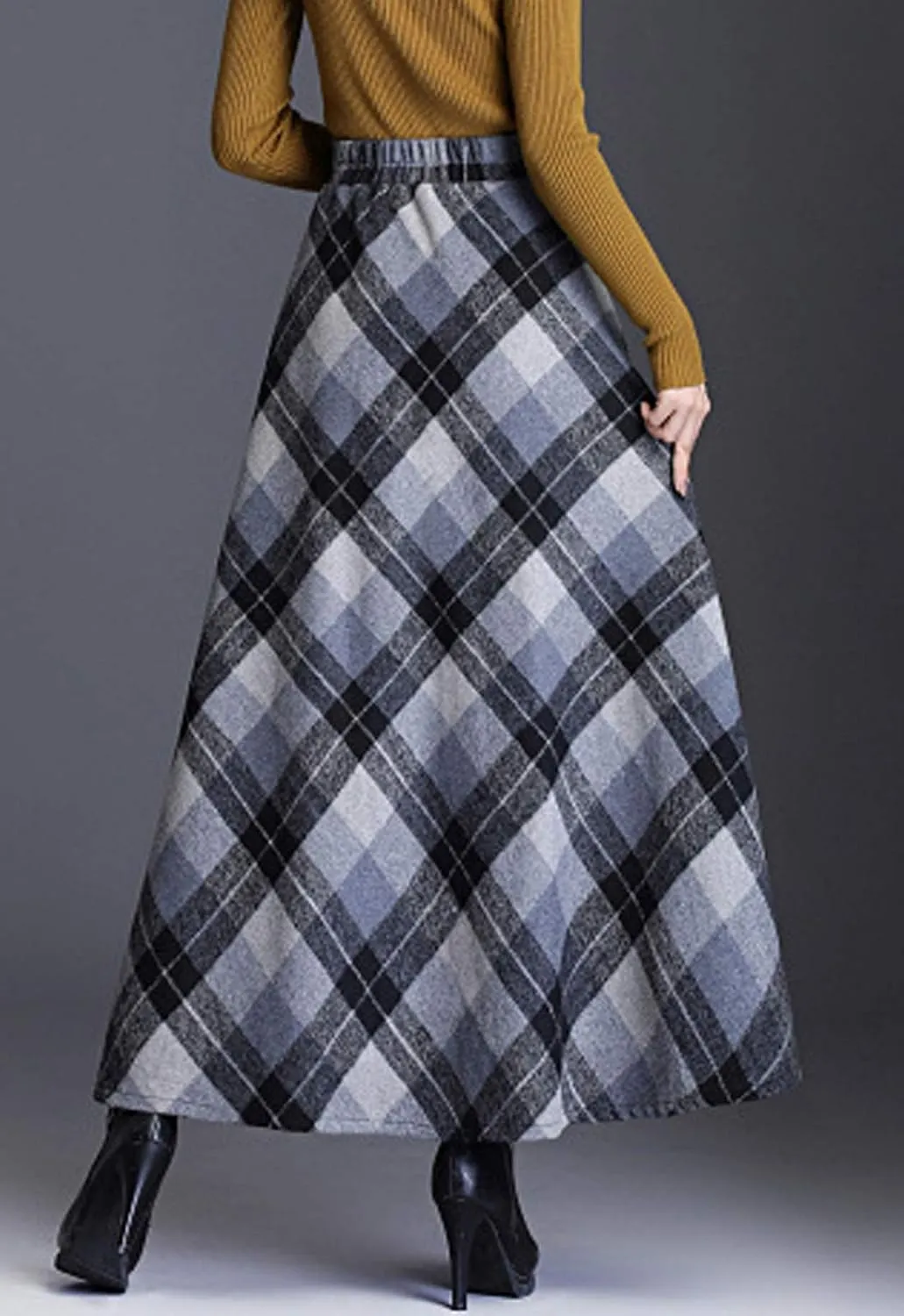 Hotmiss Women's Winter Warm Elastic Waist Wool Plaid A-Line Pleated Long Skirt