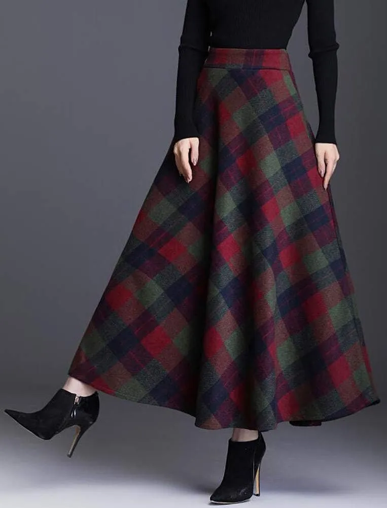 Hotmiss Women's Winter Warm Elastic Waist Wool Plaid A-Line Pleated Long Skirt