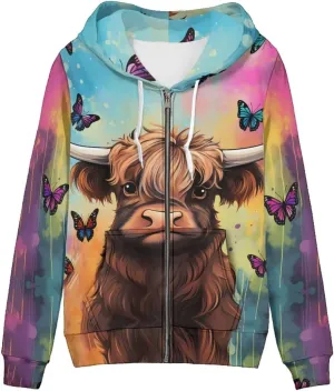 HUIACONG Highland Cow Hoodie for Women Zip Up Hoodies Y2K Oversized Hooded Sweatshirts Butterfly Cattle Tie-Dye Sweatshirt Jacket E Girl 90S Streetwear Aesthetic