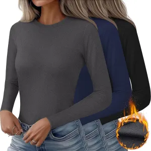 Huukeay 3 Pack Women's Thermal Shirts Long Sleeve De Velvet Lined Underwear Tops Crew Neck Slim Fit Basic Base Layer Tee