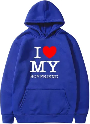 I Love Boyfriend Hoodies for Women Love Heart Print Sweatshirt Oversized Funny Letter Print Pullover Top with Pocket