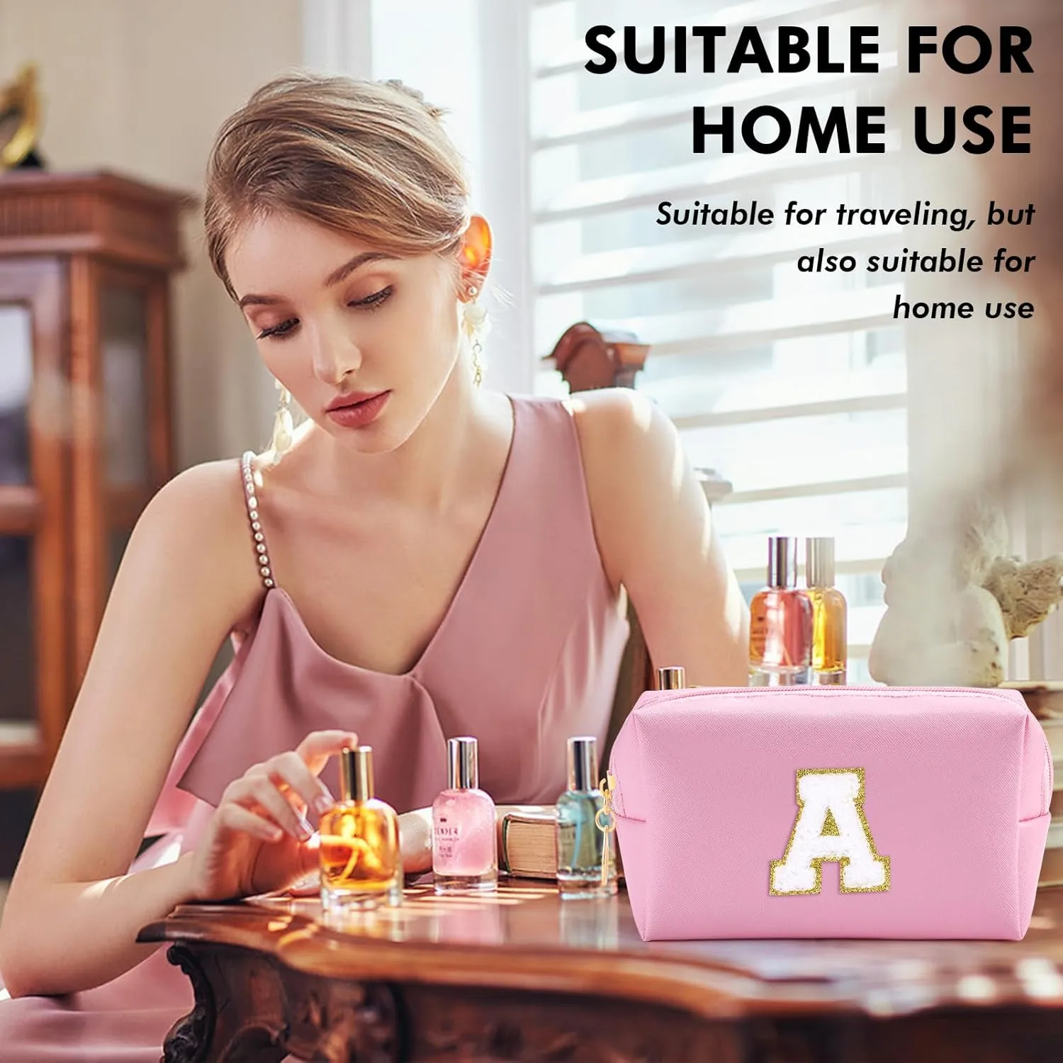Initial Makeup Bag Personalized Preppy Cosmetic Bag Travel Toiletry Bag Waterproof PU Small Makeup Pouch Bag for Purse Birthday Gift Cute Stuff for Teen Girls Women (Pink A)