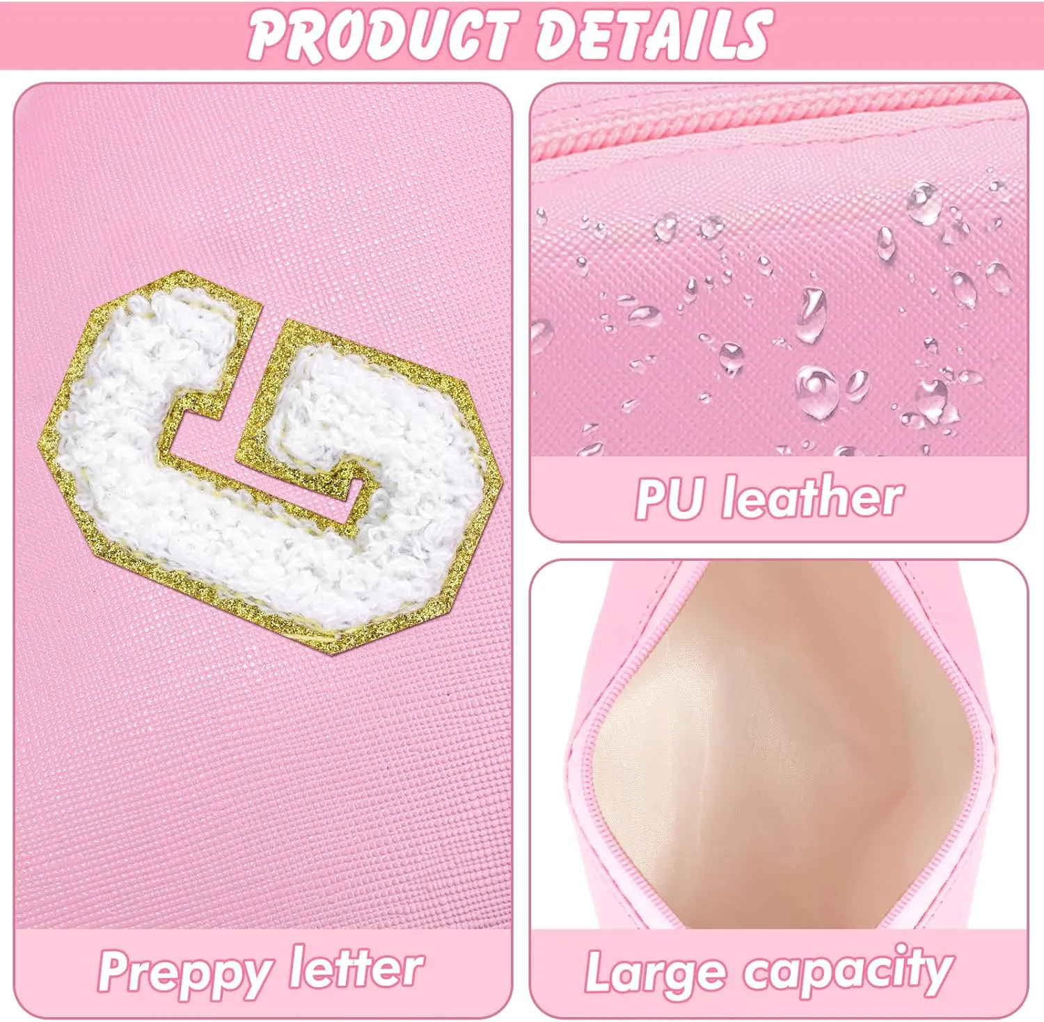 Initial Makeup Bag Personalized Preppy Travel Small Cosmetic Bag Cute PU Pink Chenille Letter Makeup Pouch for Purse Waterproof Zippered Toiletry Organizer for Women Girls Kids Friends (G)
