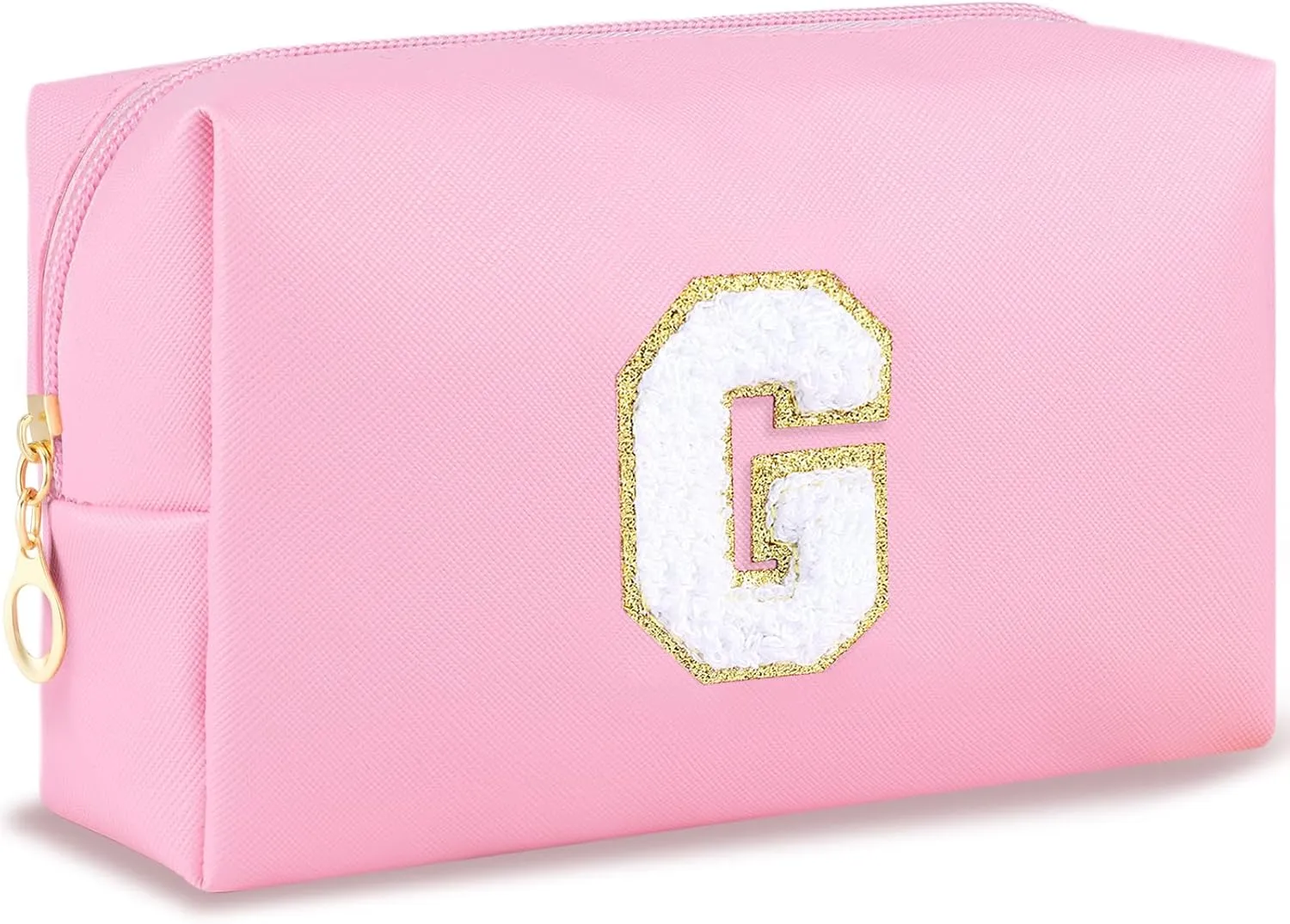 Initial Makeup Bag Personalized Preppy Travel Small Cosmetic Bag Cute PU Pink Chenille Letter Makeup Pouch for Purse Waterproof Zippered Toiletry Organizer for Women Girls Kids Friends (G)