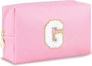 Initial Makeup Bag Personalized Preppy Travel Small Cosmetic Bag Cute PU Pink Chenille Letter Makeup Pouch for Purse Waterproof Zippered Toiletry Organizer for Women Girls Kids Friends (G)