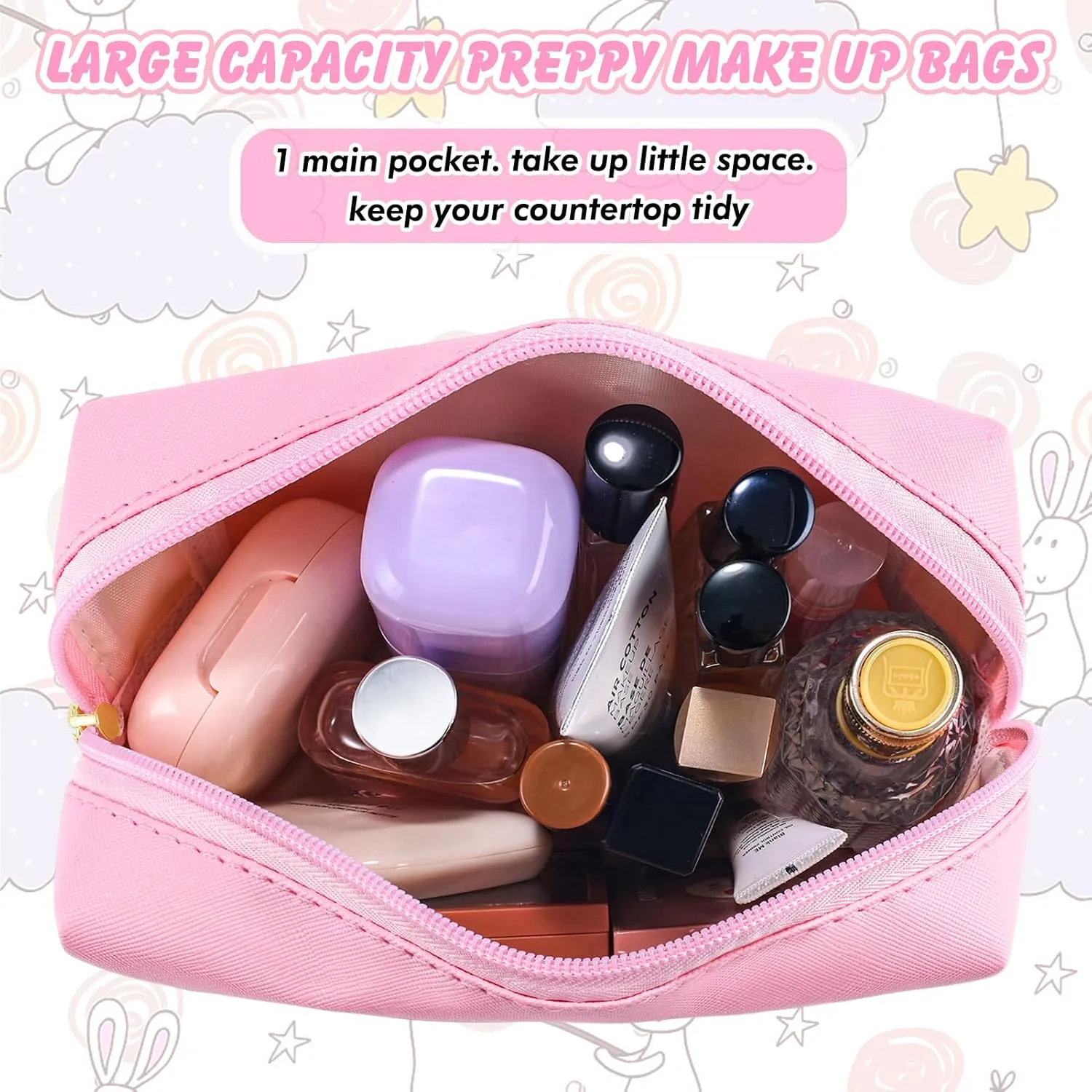 Initial Makeup Bag Personalized Preppy Travel Small Cosmetic Bag Cute PU Pink Chenille Letter Makeup Pouch for Purse Waterproof Zippered Toiletry Organizer for Women Girls Kids Friends (O)