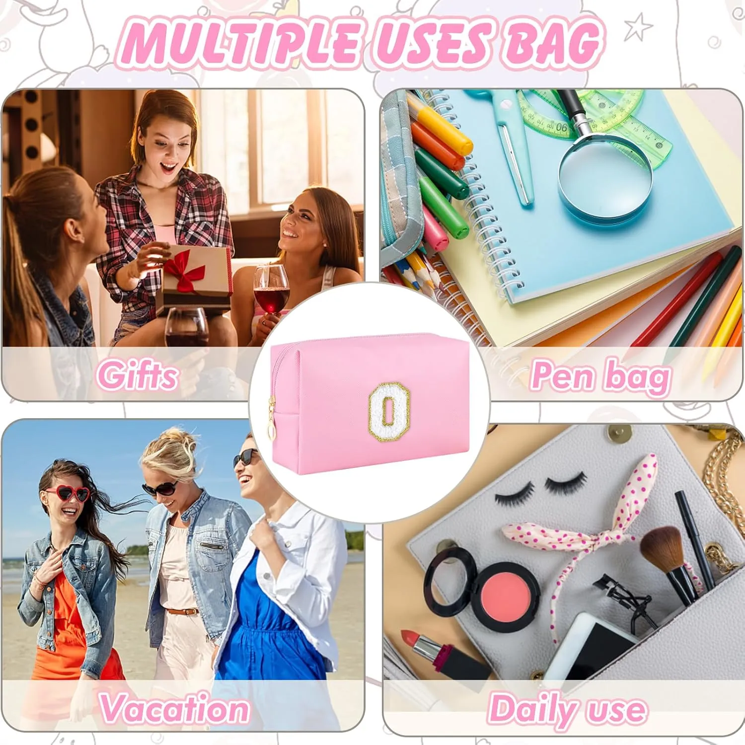 Initial Makeup Bag Personalized Preppy Travel Small Cosmetic Bag Cute PU Pink Chenille Letter Makeup Pouch for Purse Waterproof Zippered Toiletry Organizer for Women Girls Kids Friends (O)