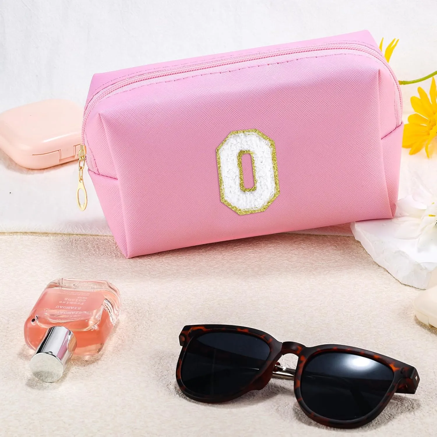 Initial Makeup Bag Personalized Preppy Travel Small Cosmetic Bag Cute PU Pink Chenille Letter Makeup Pouch for Purse Waterproof Zippered Toiletry Organizer for Women Girls Kids Friends (O)