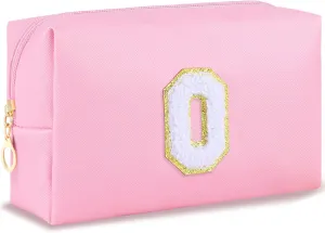 Initial Makeup Bag Personalized Preppy Travel Small Cosmetic Bag Cute PU Pink Chenille Letter Makeup Pouch for Purse Waterproof Zippered Toiletry Organizer for Women Girls Kids Friends (O)