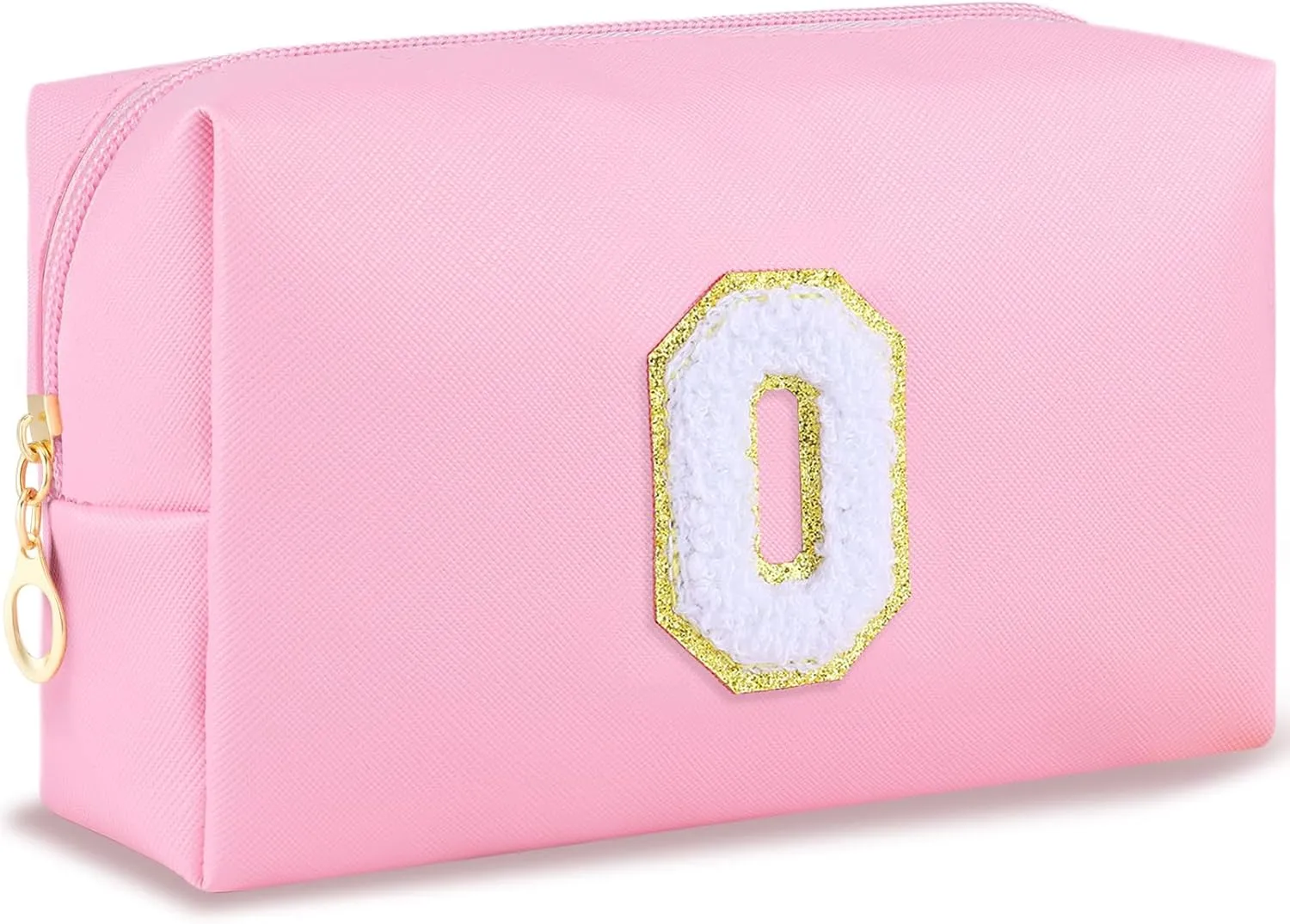 Initial Makeup Bag Personalized Preppy Travel Small Cosmetic Bag Cute PU Pink Chenille Letter Makeup Pouch for Purse Waterproof Zippered Toiletry Organizer for Women Girls Kids Friends (O)
