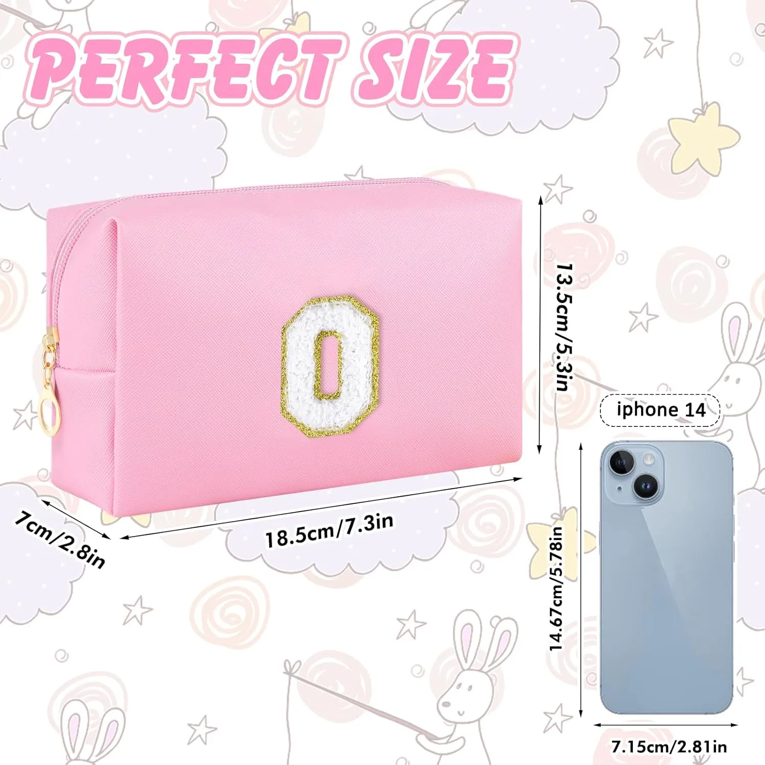Initial Makeup Bag Personalized Preppy Travel Small Cosmetic Bag Cute PU Pink Chenille Letter Makeup Pouch for Purse Waterproof Zippered Toiletry Organizer for Women Girls Kids Friends (O)
