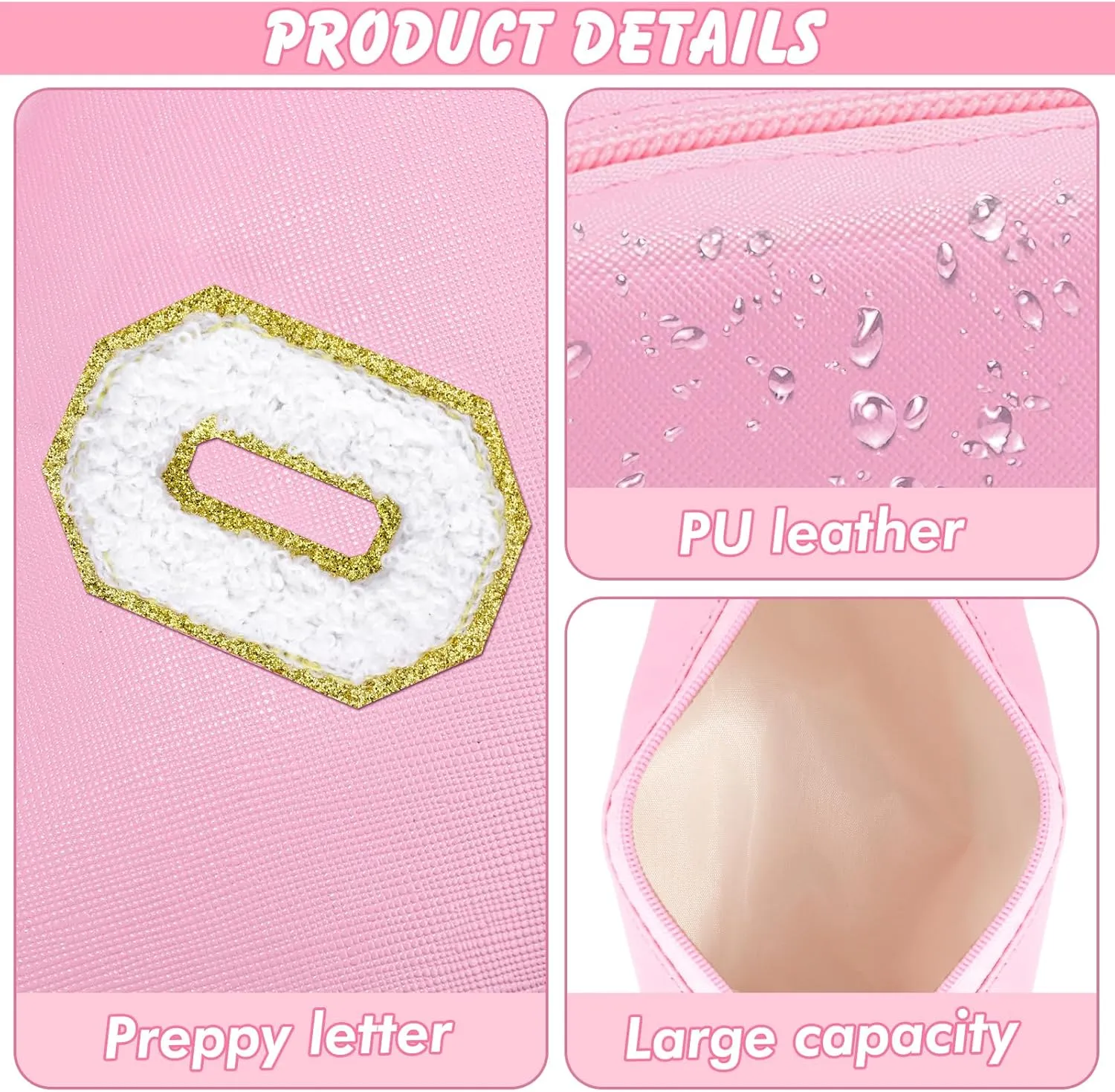 Initial Makeup Bag Personalized Preppy Travel Small Cosmetic Bag Cute PU Pink Chenille Letter Makeup Pouch for Purse Waterproof Zippered Toiletry Organizer for Women Girls Kids Friends (O)