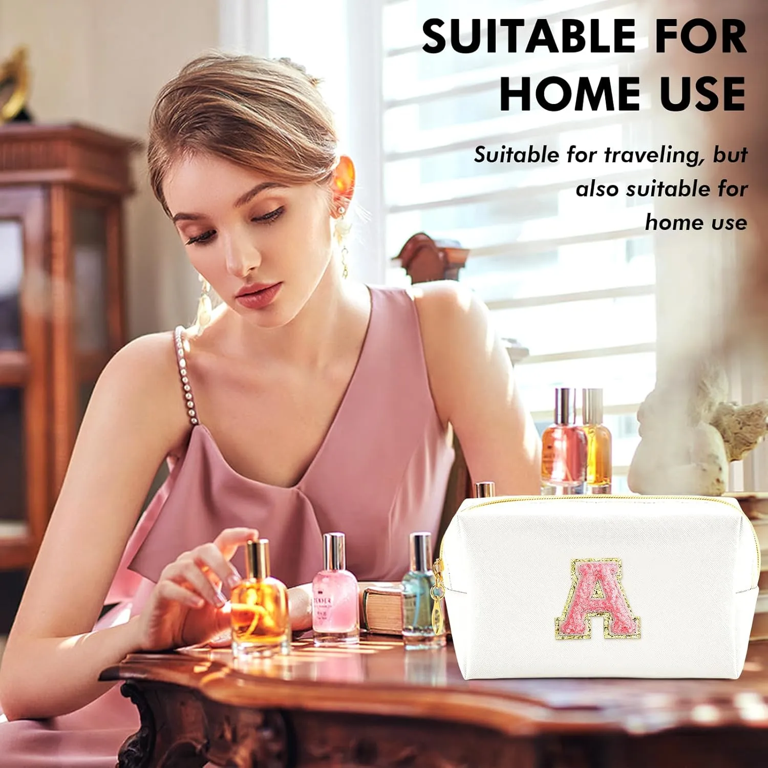 Initial Makeup Bag Personalized Preppy Travel Small Cosmetic Bag Cute PU White Chenille Letter Makeup Pouch for Purse Waterproof Zippered Toiletry Organizer for Women Girls Kids Friends (A)