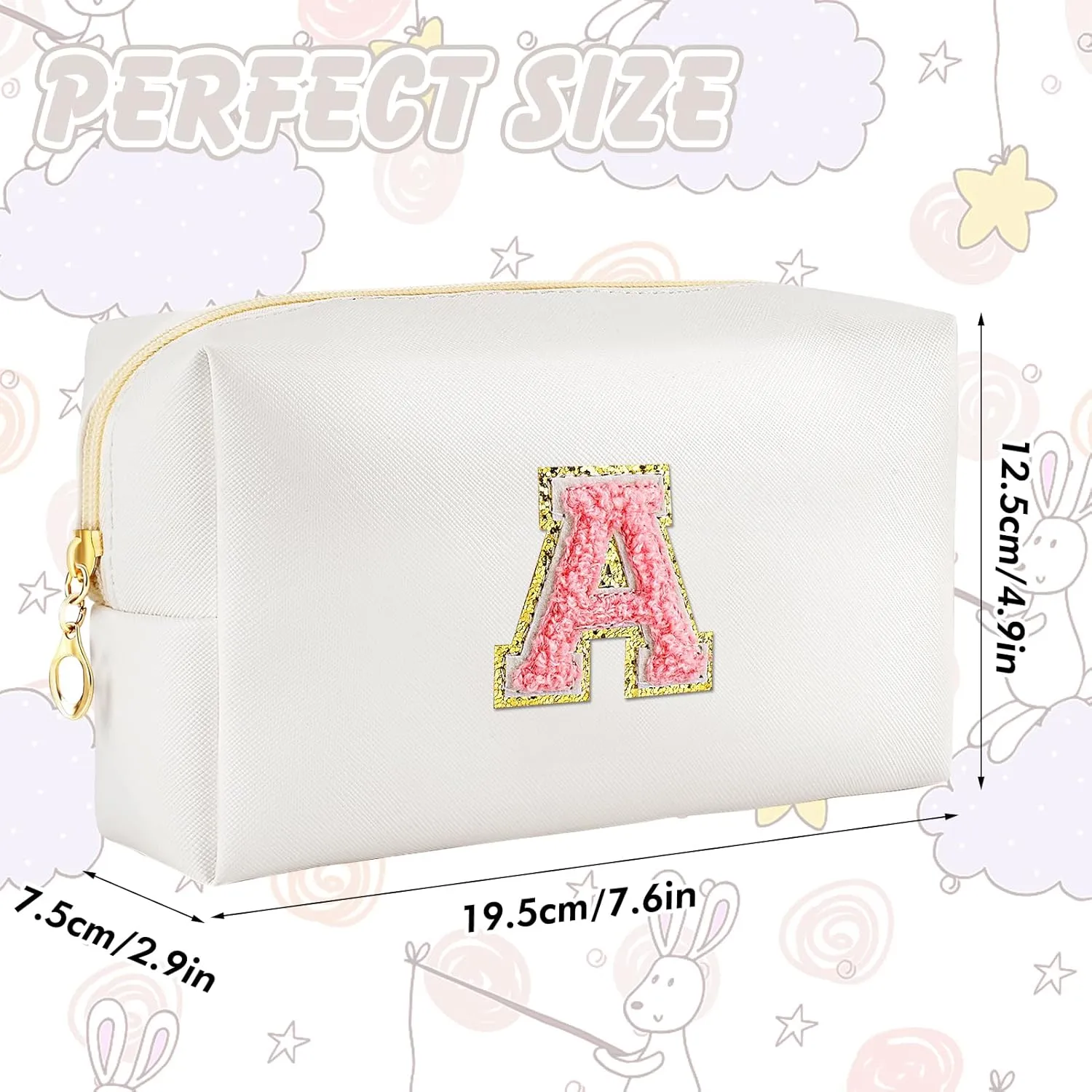 Initial Makeup Bag Personalized Preppy Travel Small Cosmetic Bag Cute PU White Chenille Letter Makeup Pouch for Purse Waterproof Zippered Toiletry Organizer for Women Girls Kids Friends (A)