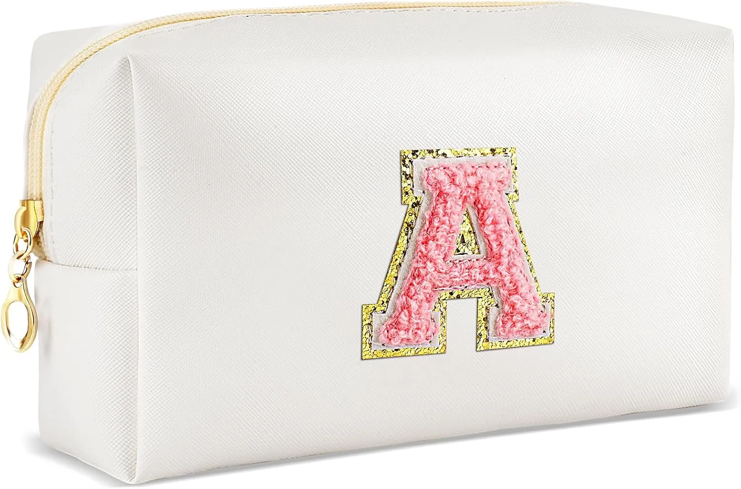 Initial Makeup Bag Personalized Preppy Travel Small Cosmetic Bag Cute PU White Chenille Letter Makeup Pouch for Purse Waterproof Zippered Toiletry Organizer for Women Girls Kids Friends (A)