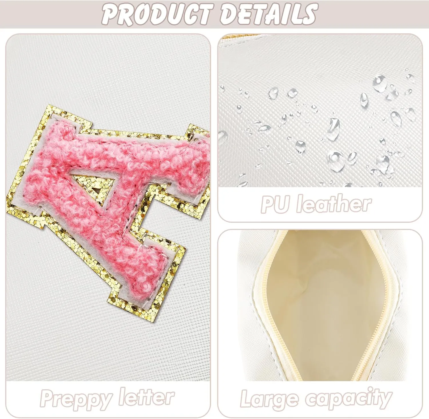 Initial Makeup Bag Personalized Preppy Travel Small Cosmetic Bag Cute PU White Chenille Letter Makeup Pouch for Purse Waterproof Zippered Toiletry Organizer for Women Girls Kids Friends (A)