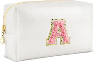 Initial Makeup Bag Personalized Preppy Travel Small Cosmetic Bag Cute PU White Chenille Letter Makeup Pouch for Purse Waterproof Zippered Toiletry Organizer for Women Girls Kids Friends (A)