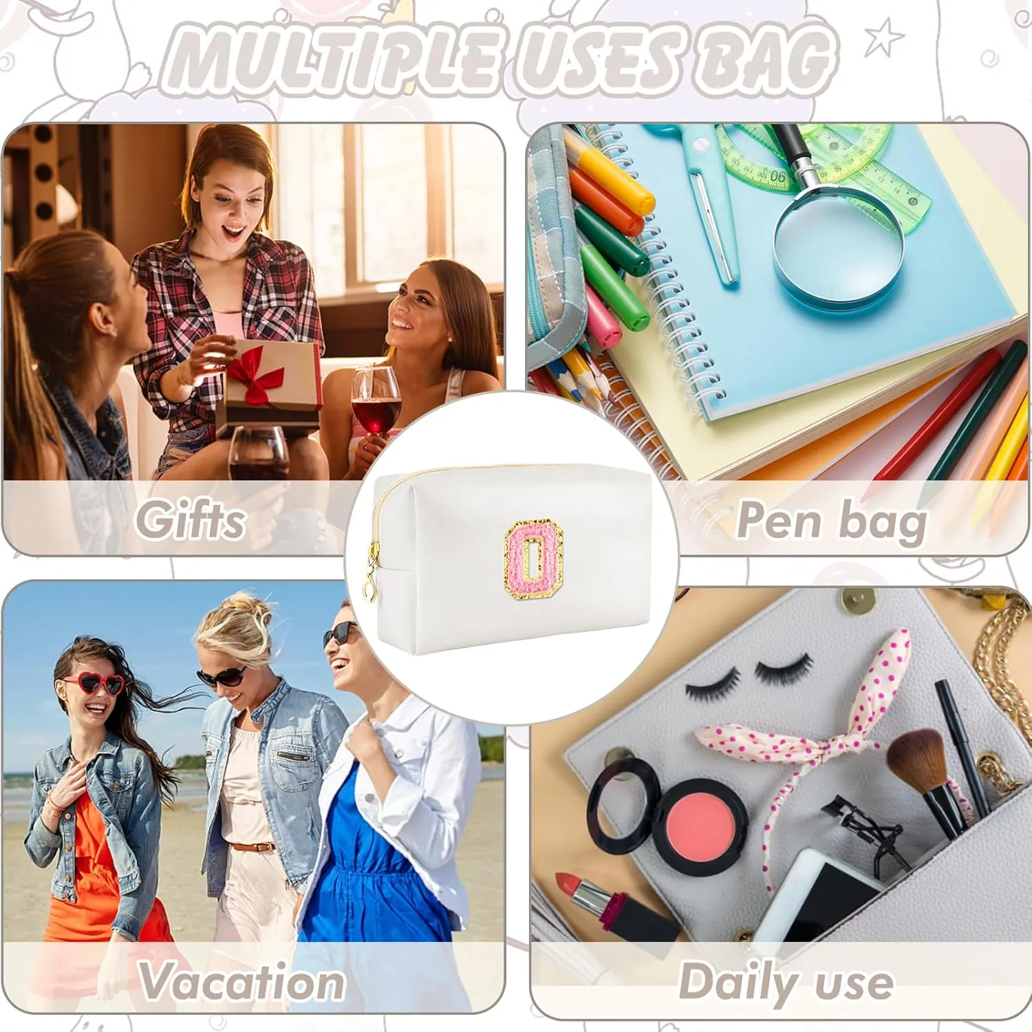 Initial Makeup Bag Personalized Preppy Travel Small Cosmetic Bag Cute PU White Chenille Letter Makeup Pouch for Purse Waterproof Zippered Toiletry Organizer for Women Girls Kids Friends (O)