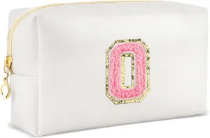 Initial Makeup Bag Personalized Preppy Travel Small Cosmetic Bag Cute PU White Chenille Letter Makeup Pouch for Purse Waterproof Zippered Toiletry Organizer for Women Girls Kids Friends (O)