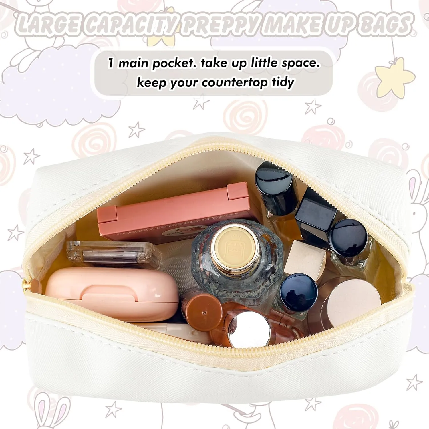 Initial Makeup Bag Personalized Preppy Travel Small Cosmetic Bag Cute PU White Chenille Letter Makeup Pouch for Purse Waterproof Zippered Toiletry Organizer for Women Girls Kids Friends (O)